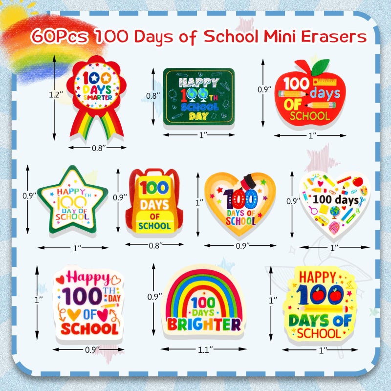 Ceiba Tree 60pcs 100 Days of School Erasers Bulk Happy 100th Day of School Mini Erasers for Kids Student Classroom Prizes Homework Rewards Supplies Party Favors - Image 3