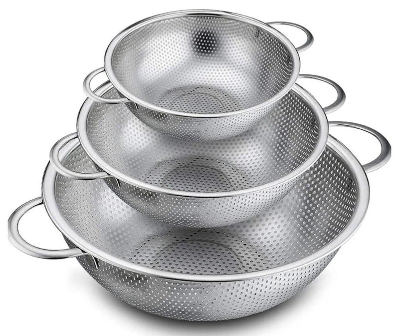 3-Piece Stainless Steel Colander with Fine Holes for Washing, Rinsing and Draining Fruit, Pasta and Rice, Heavy Duty and Dishwasher Safe, 28.5/25.5/22.5cm - Image 1
