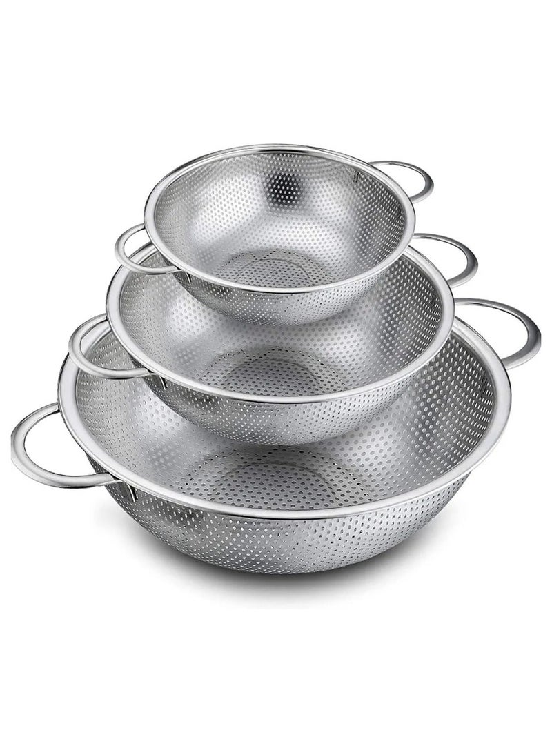 3-Piece Stainless Steel Colander with Fine Holes for Washing, Rinsing and Draining Fruit, Pasta and Rice, Heavy Duty and Dishwasher Safe, 28.5/25.5/22.5cm - Image 1