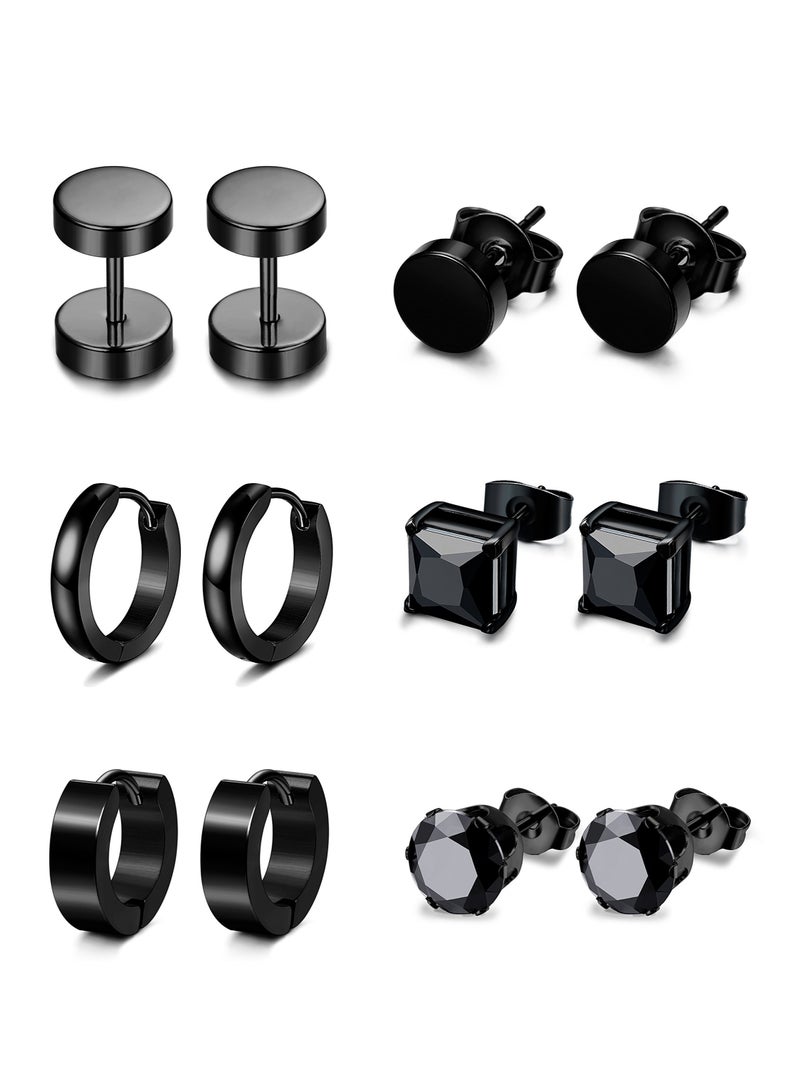 6 Pairs Stainless Steel CZ Stud Earrings for Women Mens Huggie Hoop Earrings Ear Piercing - Image 1