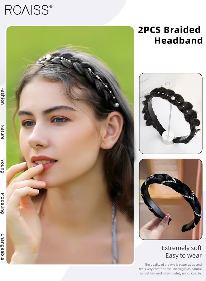رويس قطعتان من عصابات الرأس النسائية المضفرة على شكل عظمة السمكة، عصابات رأس مضفرة غير مرئية مصنوعة يدويًا مع لؤلؤ وأحجار الراين، إكسسوارات شعر مضفرة مصنوعة يدويًا غير قابلة للانزلاق، لون أسود طبيعي - Image 1