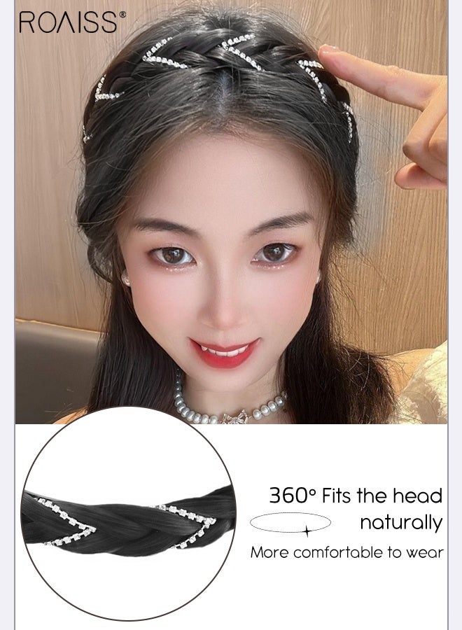 رويس قطعتان من عصابات الرأس النسائية المضفرة على شكل عظمة السمكة، عصابات رأس مضفرة غير مرئية مصنوعة يدويًا مع لؤلؤ وأحجار الراين، إكسسوارات شعر مضفرة مصنوعة يدويًا غير قابلة للانزلاق، لون أسود طبيعي - Image 3