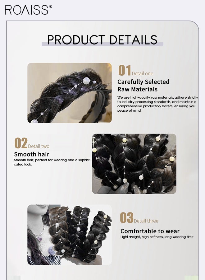 رويس قطعتان من عصابات الرأس النسائية المضفرة على شكل عظمة السمكة، عصابات رأس مضفرة غير مرئية مصنوعة يدويًا مع لؤلؤ وأحجار الراين، إكسسوارات شعر مضفرة مصنوعة يدويًا غير قابلة للانزلاق، لون أسود طبيعي - Image 5