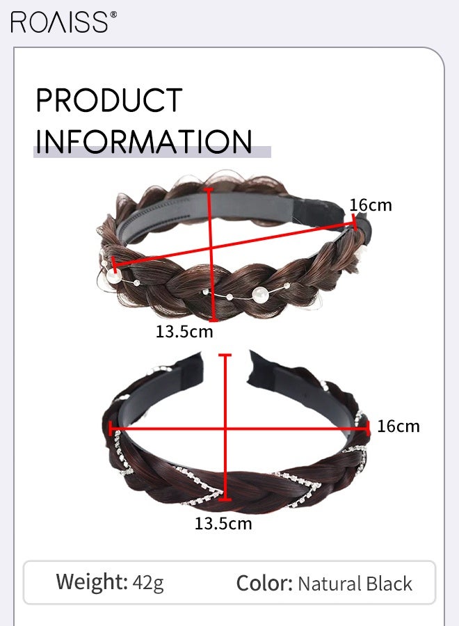 رويس قطعتان من عصابات الرأس النسائية المضفرة على شكل عظمة السمكة، عصابات رأس مضفرة غير مرئية مصنوعة يدويًا مع لؤلؤ وأحجار الراين، إكسسوارات شعر مضفرة مصنوعة يدويًا غير قابلة للانزلاق، لون أسود طبيعي - Image 2
