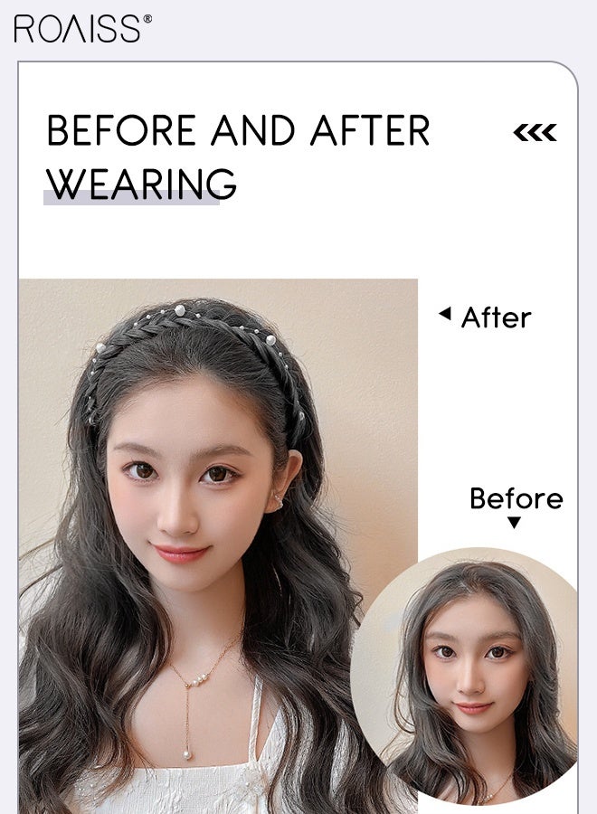 رويس قطعتان من عصابات الرأس النسائية المضفرة على شكل عظمة السمكة، عصابات رأس مضفرة غير مرئية مصنوعة يدويًا مع لؤلؤ وأحجار الراين، إكسسوارات شعر مضفرة مصنوعة يدويًا غير قابلة للانزلاق، لون أسود طبيعي - Image 4