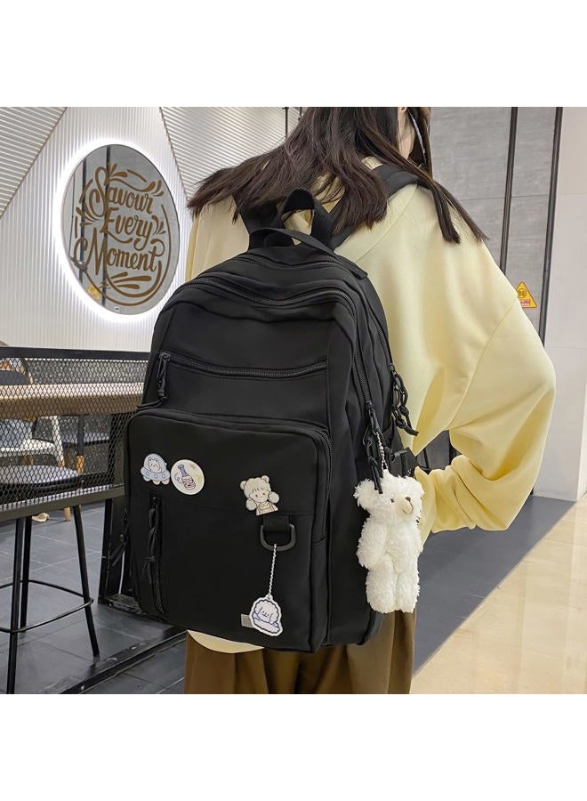 GAXOS Cute Aesthetic Backpack for School Middle Student Travel Backpack Teens Girls Bear Pin Book Bags, Black, Leisure - Image 5