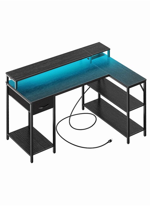 L Shaped Computer Desk with Power Outlets & LED Strips, Reversible Corner Desk with Monitor Stand & Storage Shelf, Home Office Desk Gaming Desk