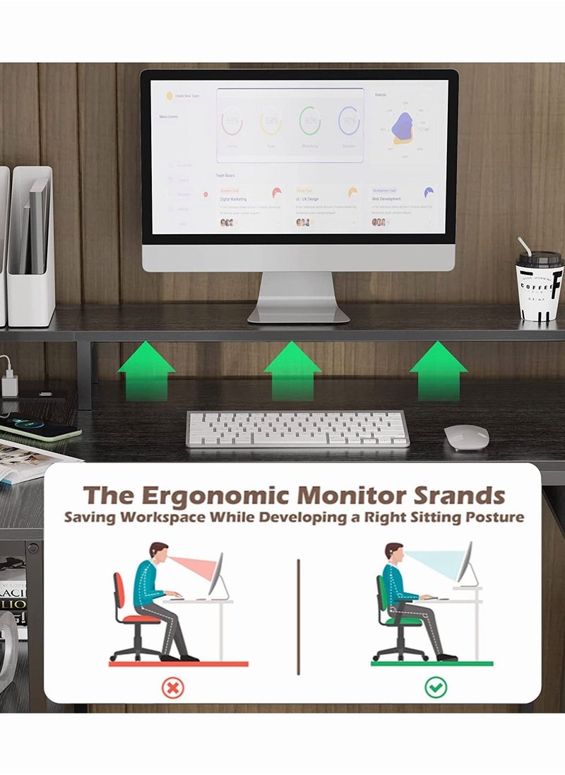 L Shaped Computer Desk with Power Outlets & LED Strips, Reversible Corner Desk with Monitor Stand & Storage Shelf, Home Office Desk Gaming Desk