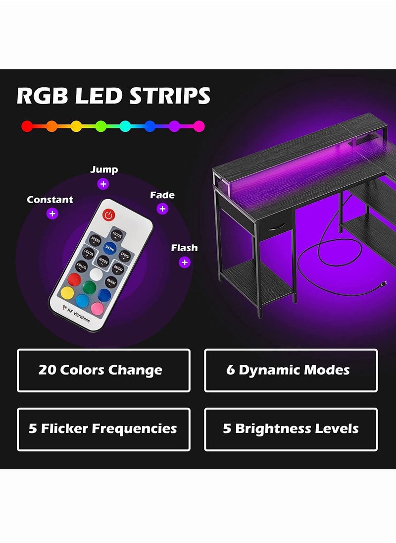 L Shaped Computer Desk with Power Outlets & LED Strips, Reversible Corner Desk with Monitor Stand & Storage Shelf, Home Office Desk Gaming Desk