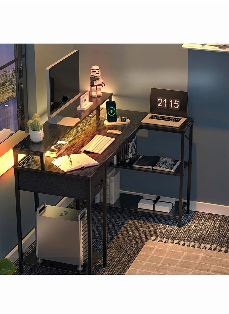 L Shaped Computer Desk with Power Outlets & LED Strips, Reversible Corner Desk with Monitor Stand & Storage Shelf, Home Office Desk Gaming Desk