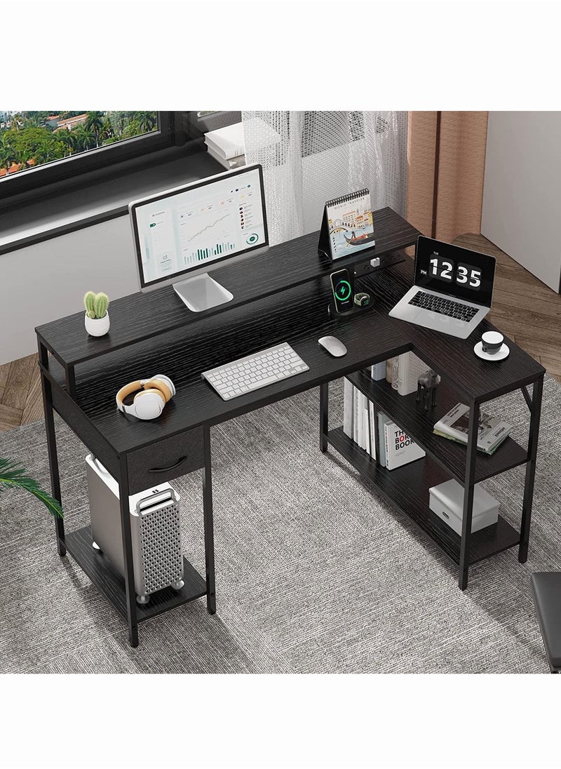 L Shaped Computer Desk with Power Outlets & LED Strips, Reversible Corner Desk with Monitor Stand & Storage Shelf, Home Office Desk Gaming Desk