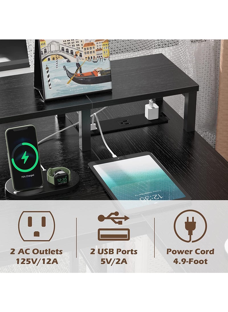 L Shaped Computer Desk with Power Outlets & LED Strips, Reversible Corner Desk with Monitor Stand & Storage Shelf, Home Office Desk Gaming Desk