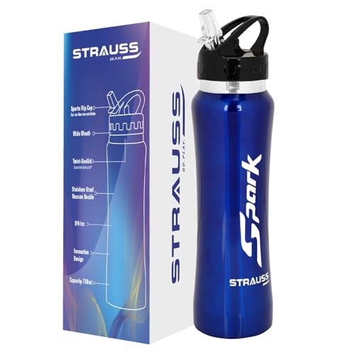 STRAUSS Spark Stainless-Steel Bottle | Leak-Proof Water Bottle | Water Bottle for Travel, Hiking, Trekking, Home, Office & School | Non-Toxic & BPA Free Steel Bottles | 750 ml,(Metal Finish Blue) - Image 1