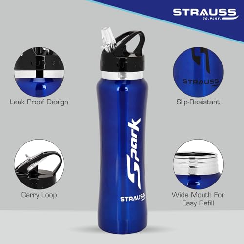 STRAUSS Spark Stainless-Steel Bottle | Leak-Proof Water Bottle | Water Bottle for Travel, Hiking, Trekking, Home, Office & School | Non-Toxic & BPA Free Steel Bottles | 750 ml,(Metal Finish Blue) - Image 3