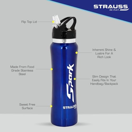 STRAUSS Spark Stainless-Steel Bottle | Leak-Proof Water Bottle | Water Bottle for Travel, Hiking, Trekking, Home, Office & School | Non-Toxic & BPA Free Steel Bottles | 750 ml,(Metal Finish Blue) - Image 2