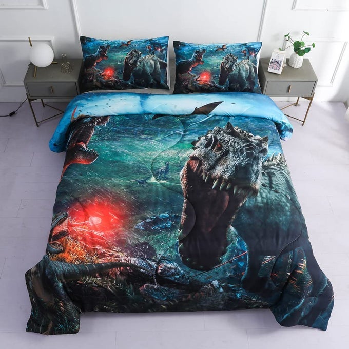 KIDS DINOSAUR COMFORTER SET TWIN SIZE BOYS BED SET 2PC 3D TREX TRICERATOPS DINOSAUR WARBEDDING COMFORTER X 1 PILLOWCASE X 1