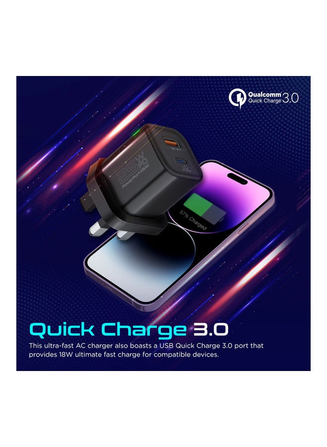 بروميت شاحن تيار متردد، شاحن جداري مزدوج المنفذ بقدرة 25 وات من النوع C مع منفذ USB كوالكوم QC 3.0 بقدرة 18 وات، وشحن سريع متكيف وحماية من زيادة التيار - Image 3