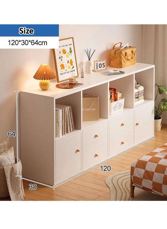 fashionhome - Multipurpose Use Floor Standing Storage Cabinet Multi Layers Bookcase Storage Organizer Display Rack with 4 Drawers and 2 Door Cabinets for Living Room Home Office 120x30x64 cm - Image 1