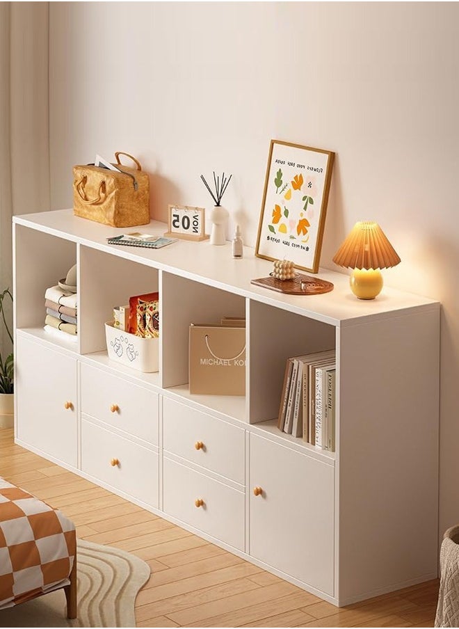 fashionhome - Multipurpose Use Floor Standing Storage Cabinet Multi Layers Bookcase Storage Organizer Display Rack with 4 Drawers and 2 Door Cabinets for Living Room Home Office 120x30x64 cm - Image 1