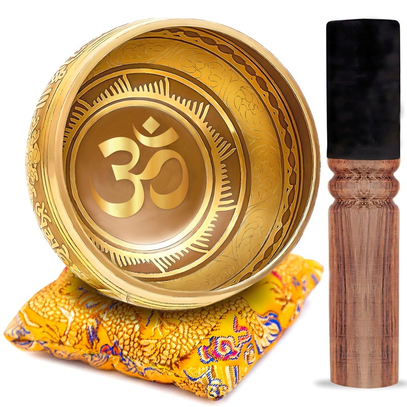 Tibetan Singing Bowl Set Bronze Master Grade with Pure Tone Thangka Art Handmade in Nepal by Himalayan Bazaar Gold Yellow