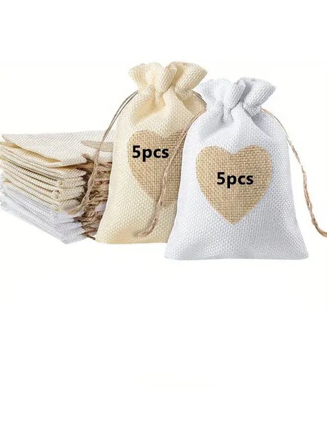 5pcs White Heart Burlap Gift Bags With Drawstring Closure And Thank You Tags - Image 4