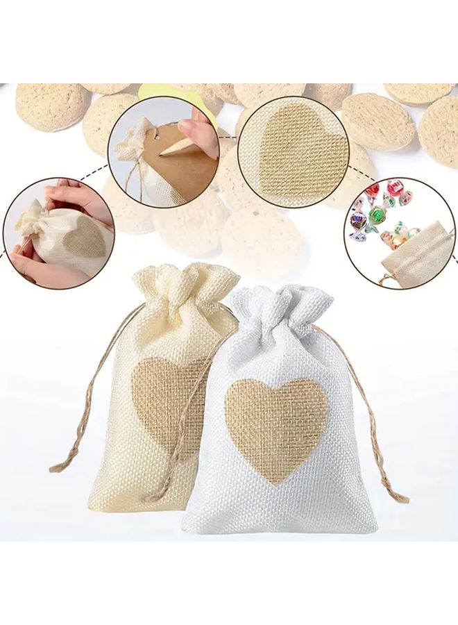 5pcs White Heart Burlap Gift Bags With Drawstring Closure And Thank You Tags - Image 1
