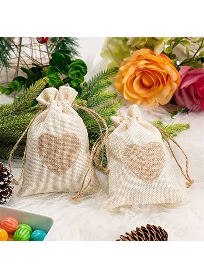5pcs White Heart Burlap Gift Bags With Drawstring Closure And Thank You Tags - Image 3