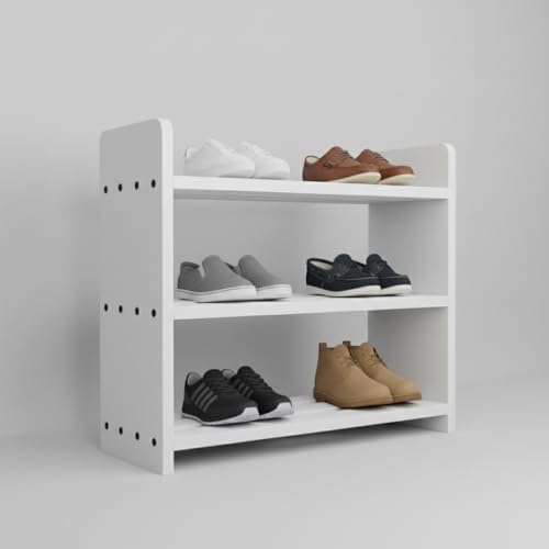 flux Elegance Three-Tier Shoe Rack White 50x20x50 cm Particle Board with Laminate Finish Multipurpose Storage Organizer Durable Wooden Shelf for Shoes Home Office - Image 1
