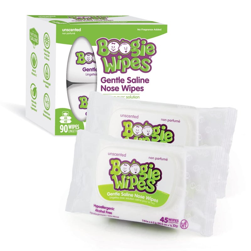 Boogie Wipes مناديل بوجي، مناديل ملحية للأطفال، مناديل أنف لإزالة المخاط لتخفيف الحساسية، للوجه واليدين والجسم، مصنوعة من فيتامين E، الألوة والملح الطبيعي، بدون رائحة، 45 قطعة (عبوة من 2)  - Image 2