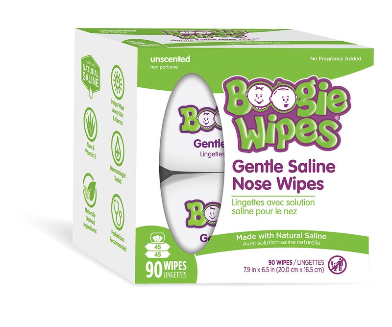 Boogie Wipes مناديل بوجي، مناديل ملحية للأطفال، مناديل أنف لإزالة المخاط لتخفيف الحساسية، للوجه واليدين والجسم، مصنوعة من فيتامين E، الألوة والملح الطبيعي، بدون رائحة، 45 قطعة (عبوة من 2)  - Image 1