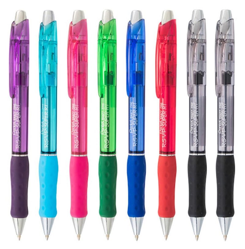 Pentel RSVP Super RT Ballpoint Pen, (0.7mm) Fine Line, Assorted Ink Colors, 8 Pack with Bonus Black Ink Pen - Image 1