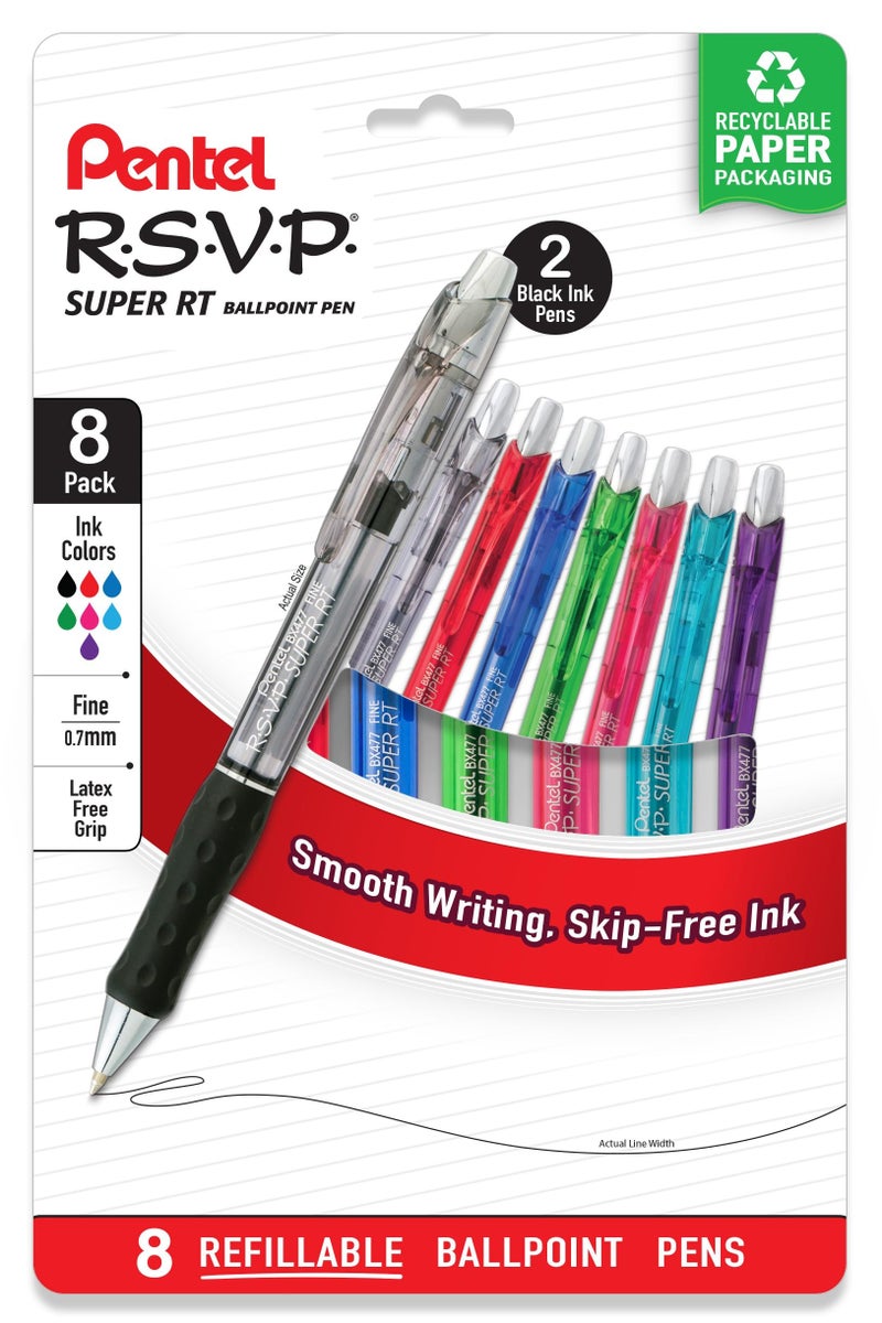 Pentel RSVP Super RT Ballpoint Pen, (0.7mm) Fine Line, Assorted Ink Colors, 8 Pack with Bonus Black Ink Pen - Image 2