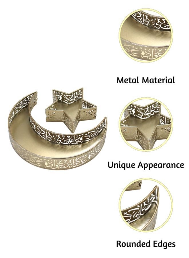 2 Pcs Ramadan Moon Star Shaped Trays Metal Serving Dishes Islamic Ramadan Table Decoration Gold Moon and Star Ramadan Tray for Dessert, Dry fruits and Pastry Plates Muslim Party  - Image 5