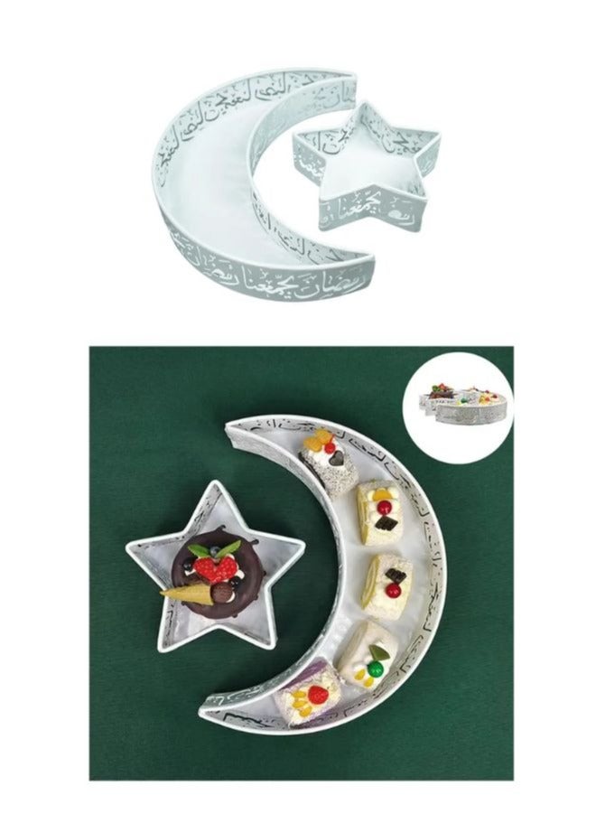 2 Pcs Ramadan Moon Star Shaped Trays Metal Serving Dishes Islamic Ramadan Table Decoration Gold Moon and Star Ramadan Tray for Dessert, Dry fruits and Pastry Plates Muslim Party  - Image 1