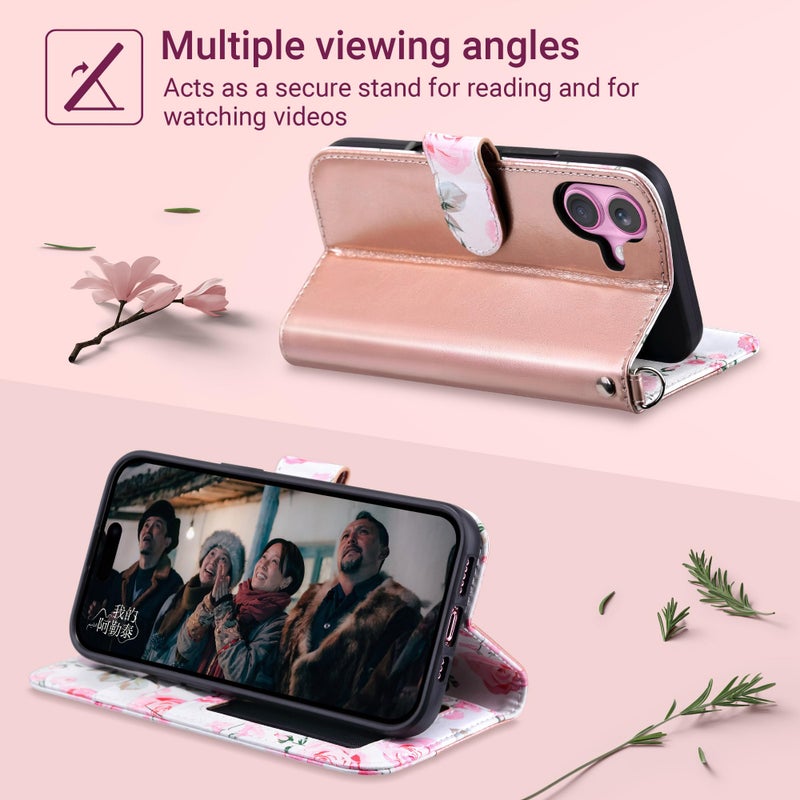 ULAK Compatible with iPhone 16 Wallet Case [RFID Blocking], Women PU Leather Shockproof Protective Folio Flip Cover with Card Holder Kickstand for iPhone16 6.1 inch, Rose Gold - Image 3