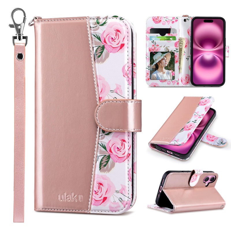 ULAK Compatible with iPhone 16 Wallet Case [RFID Blocking], Women PU Leather Shockproof Protective Folio Flip Cover with Card Holder Kickstand for iPhone16 6.1 inch, Rose Gold - Image 1