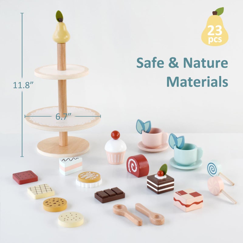 PairPear Tea Party Set Dessert Stand Playset -Wooden Toys Pretend Play Food Kitchen Accessories for Toddler Tea Set Birthday Gift - Image 2