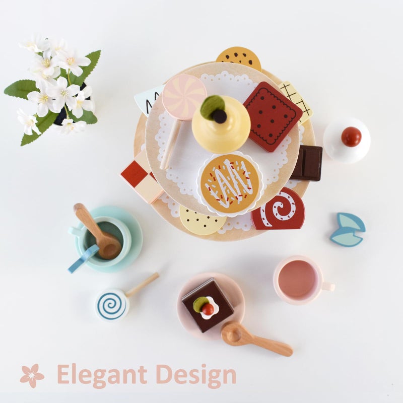 PairPear Tea Party Set Dessert Stand Playset -Wooden Toys Pretend Play Food Kitchen Accessories for Toddler Tea Set Birthday Gift - Image 3