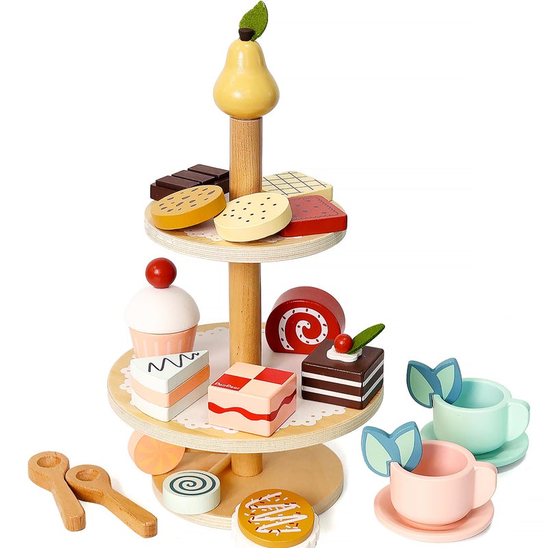 PairPear Tea Party Set Dessert Stand Playset -Wooden Toys Pretend Play Food Kitchen Accessories for Toddler Tea Set Birthday Gift - Image 1