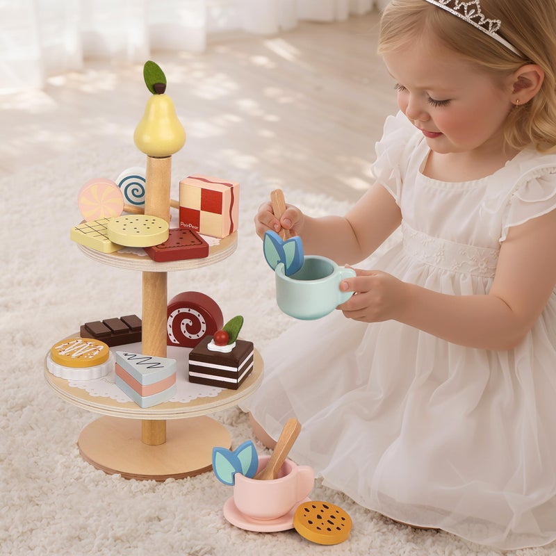 PairPear Tea Party Set Dessert Stand Playset -Wooden Toys Pretend Play Food Kitchen Accessories for Toddler Tea Set Birthday Gift - Image 4