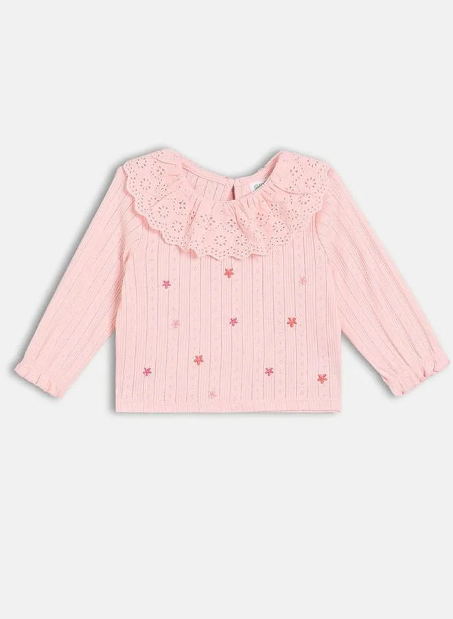 MINIKLUB Girls Embroidered Knit Top with Ruffle Collar