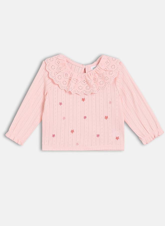 MINIKLUB Girls Embroidered Knit Top with Ruffle Collar - Image 1