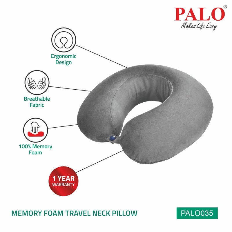 PALO035 PALO Premium Memory Foam Travel Neck Pillow, Grey, Great for Long Road Trips and Flights - Image 3