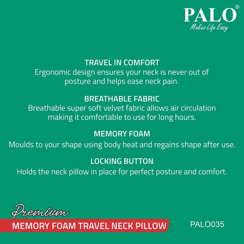 PALO035 PALO Premium Memory Foam Travel Neck Pillow, Grey, Great for Long Road Trips and Flights - Image 4