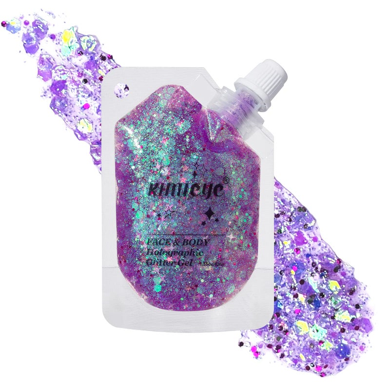 KIMIEYE Holographic Face Glitter Gel Body Shimmer Makeup for for Hair, Face, Clavicle, Arm, Nail, Eyeshadow, Long Lasting Waterproof Mermaid Sequins Party Glitter for Rave Festival, 1.35oz (Illusion Purple#3) - Image 1