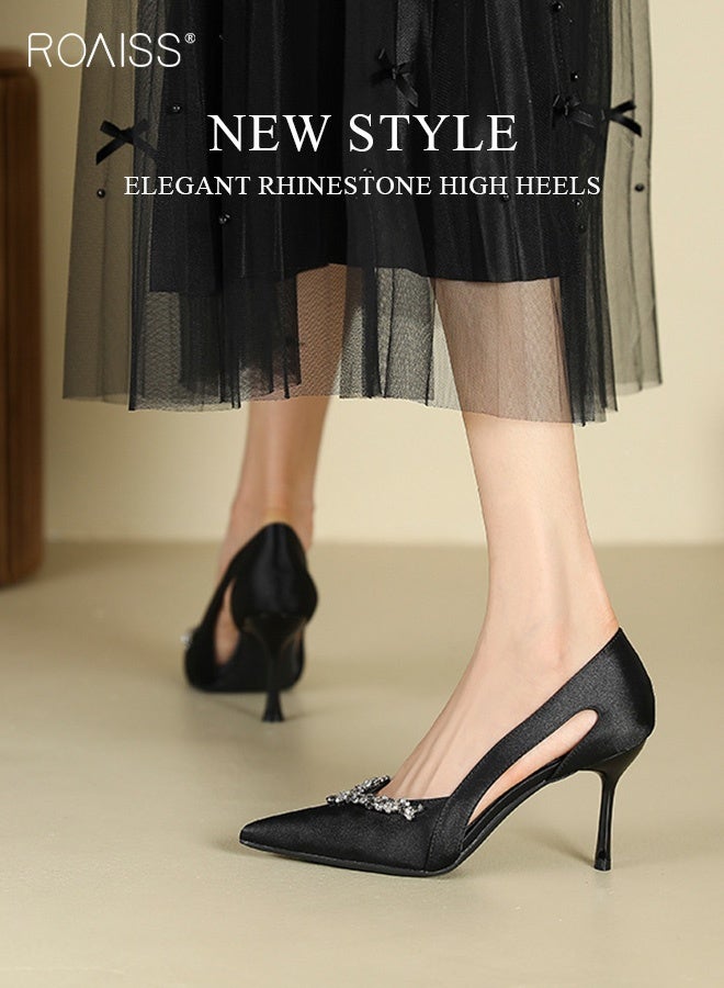 roaiss Pointed Suede High Heels for Women Rhinestone 8cm High Heels Stilettos Ladies Closed Toe Hollow High Heel Sandals Comfort Soft Insole Single Shoes Black for Commute Gatherings Festival - Image 2