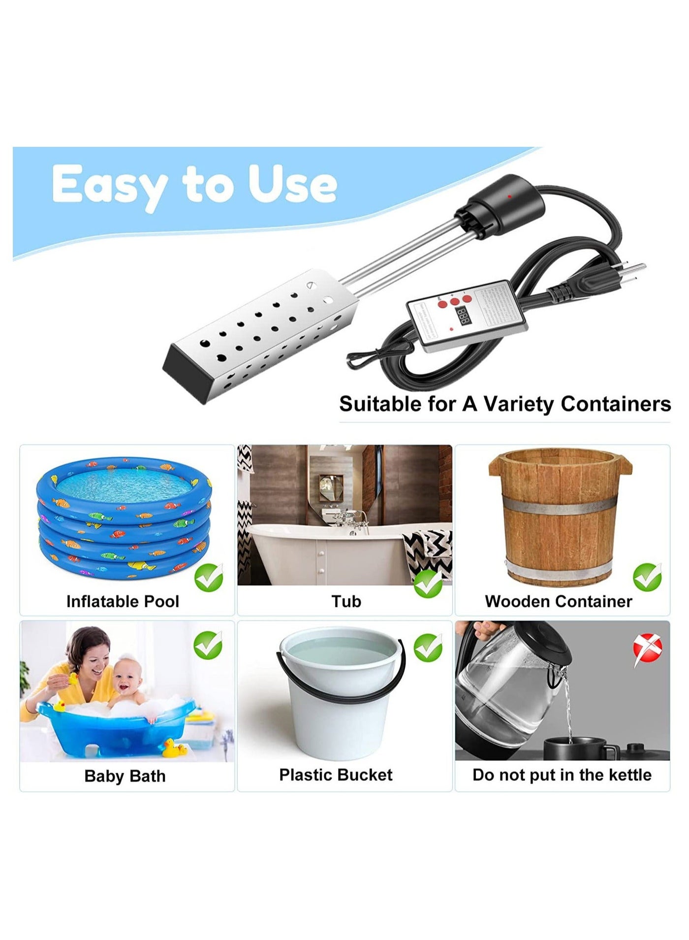 Cadrim Immersion Water Heater, Portable Warmer Built-in Thermostat, Bathtub Heater with auto Cadrim Immersion Water Heater, Portable Warmer Built-in Thermostat, Bathtub Heater with auto