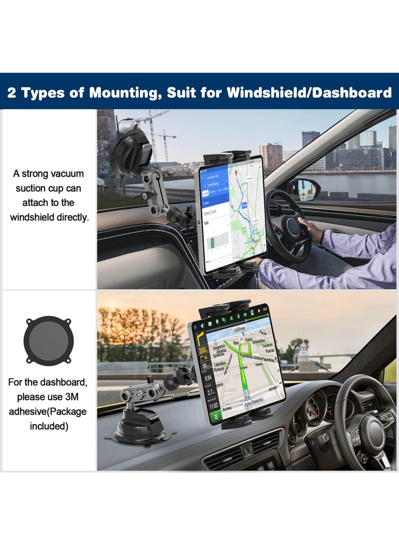 حامل تابليت للسيارة مقاوم للوزن مع قاعدة شفط قوية/لاصقة لجهاز iPad للوحة القيادة أو الزجاج الأمامي أو الحائط أو المكتب أو السيارة، حامل بزاوية 360° لأجهزة iPad Pro/Air/Mini/Galaxy مقاسات 4.7-12.9 بوصة - Image 3
