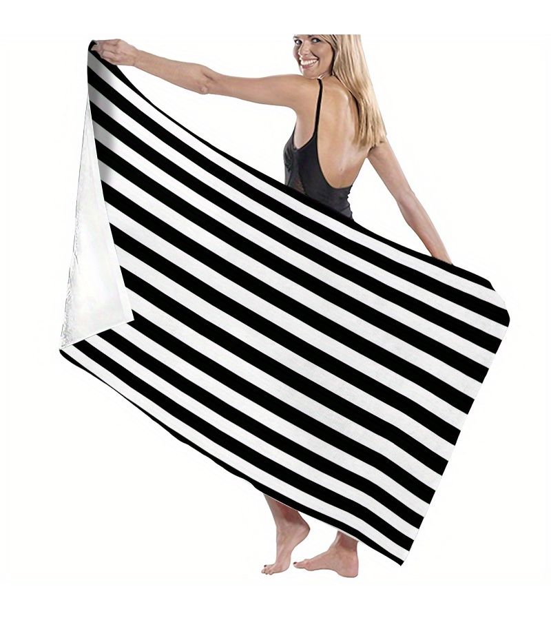 One Oversized Bath And Beach Towel 70x140cm With Black White Vertical Stripes Soft Quick Drying Large For Pool Travel Home Modern Minimalist Contemporary Style - Image 4