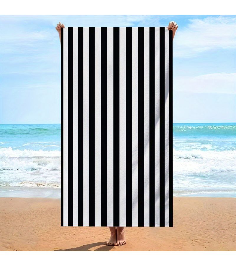 One Oversized Bath And Beach Towel 70x140cm With Black White Vertical Stripes Soft Quick Drying Large For Pool Travel Home Modern Minimalist Contemporary Style - Image 1